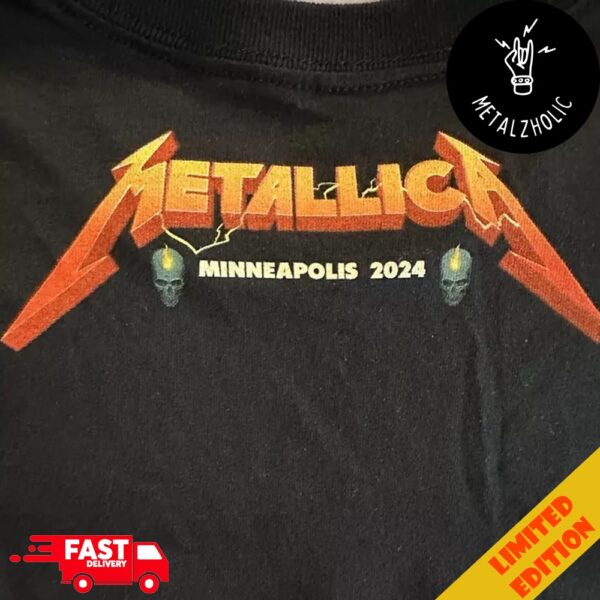 Metallica North American Tour Exclusive Pop-Up Shop Poster For M72 Minneapolis MN US August 15 2024 Skull Fire Dragon Two Sides T-Shirt