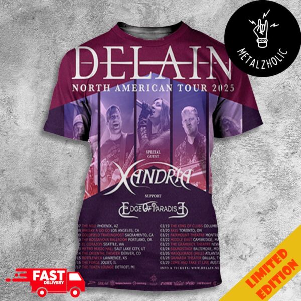 Delain North American Tour 2025 With Xandria And Edge Of Paradise Tour Dates All Over Print T-Shirt