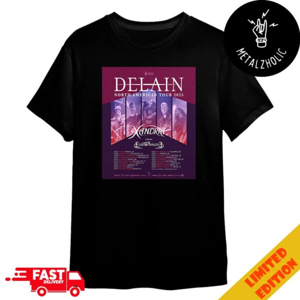 Delain North American Tour 2025 With Xandria And Edge Of Paradise Tour Dates Merchandise T-Shirt