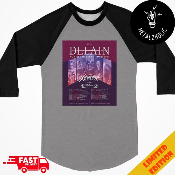 Delain North American Tour 2025 With Xandria And Edge Of Paradise Tour Dates Raglan Shirt