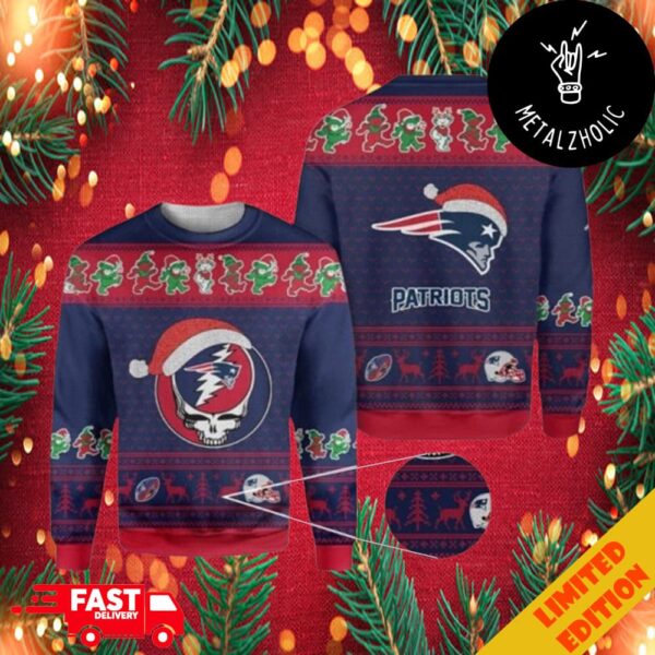 Grateful Dead Skull x New England Patriots Logo Skull Bears Logo Christmas Ugly Sweater