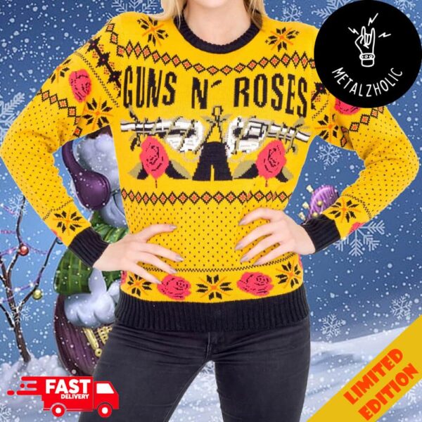 Guns N’ Roses Hard Rock Band Text And Logo Adult Mustard Ugly Christmas Sweater