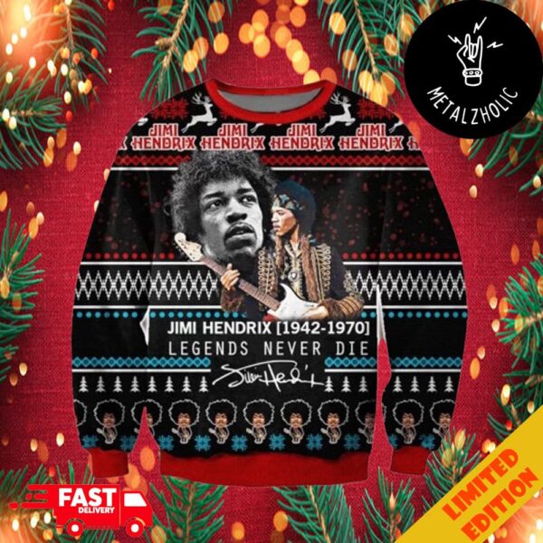 Jimi Hendrix Legends Never Die 1942-1970 Christmas 2024 Ugly Sweater