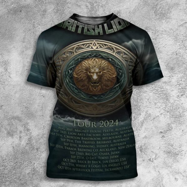 British Lion Tour 2024 At California US Tour Dates Poster 7 October With Tony Moore’s Awake All Over Print T-Shirt