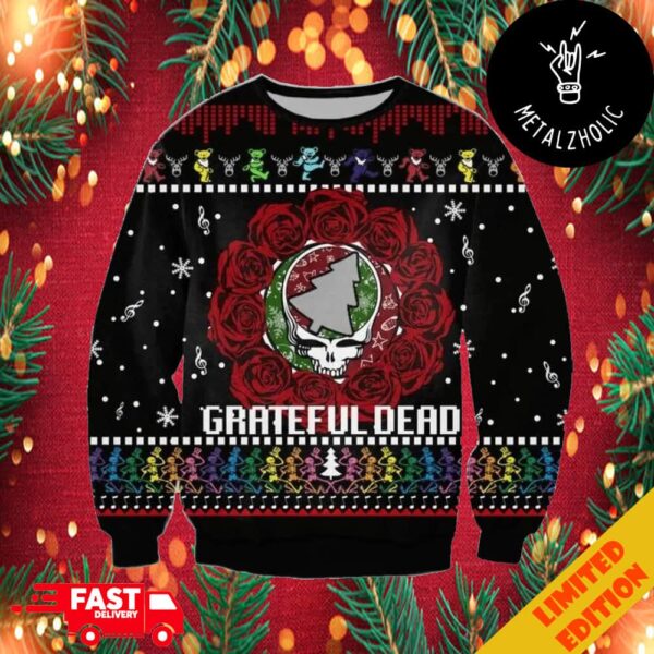 Grateful Dead Roses And Dancing Bear Christmas Gift Rock Band 2024 Ugly Sweater