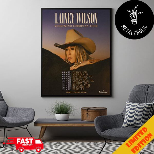 Lainey Wilson Whirlwind European Tour 2024 Country 2 Country Festival Tour Dates Poster Canvas