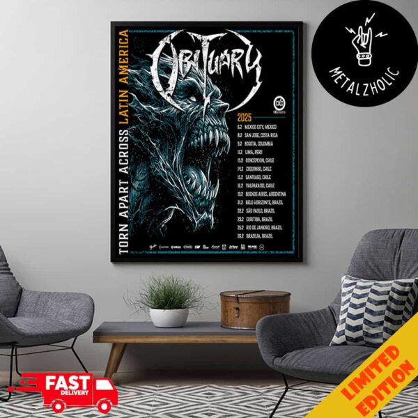 Obituary Torn Apart Across Latin America Tour 2025 Tour Dates CKC Concerts Poster Canvas