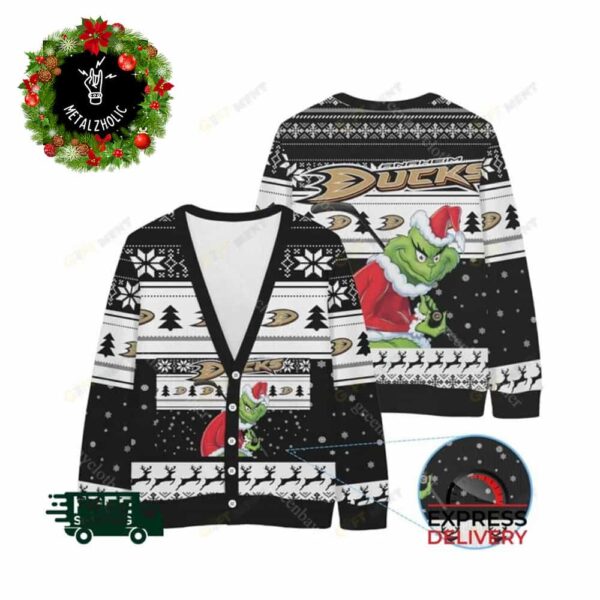 Anaheim Ducks NHL x Grinch Stole The Christmas Funny Holiday Gift 2024 Ugly Christmas Cardigan Sweater