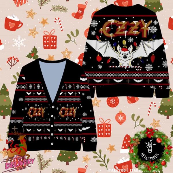 Bravado Black Sabbath Ozzy Osbourne Christmas Bat Incident With Santa Hat Holiday Heavy Metal Ugly Christmas Cardigan Sweater