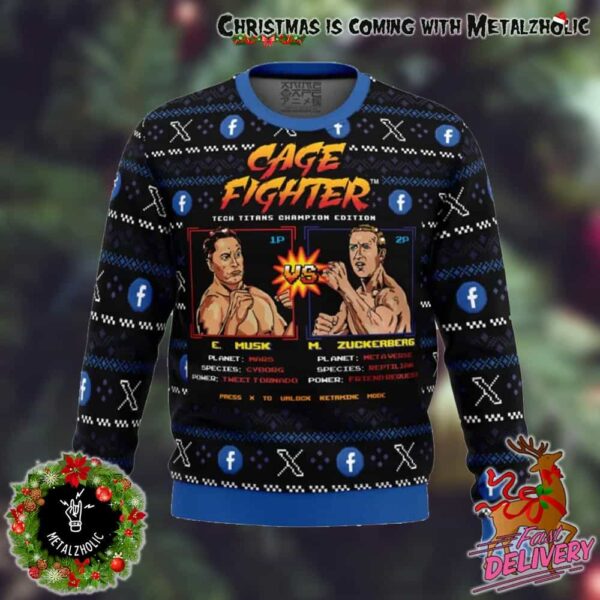 Cage Fighter Tech Titans Champion Edition Funny Elon Musk vs Mark Zuckerberg X vs Facebook Holiday Gift Ugly Sweater