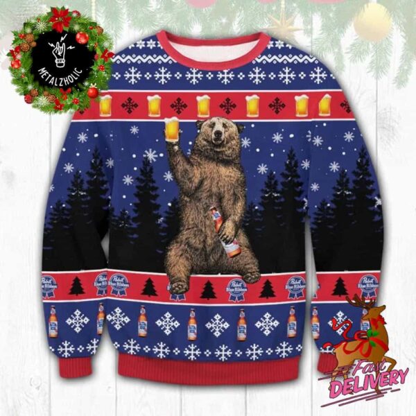 Funny Bear Drink Beer Pabst Blue Ribbon Holiday Gift For Family Ugly Sweater