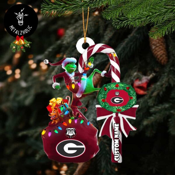 Georgia Bulldogs NCAA Custom Name Grinch Candy Cane Tree Decorations Christmas 2024 Ornament