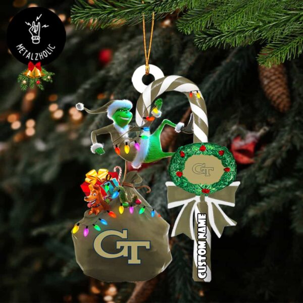 Georgia Tech Yellow Jackets NCAA Custom Name Grinch Candy Cane Tree Decorations Christmas 2024 Ornament