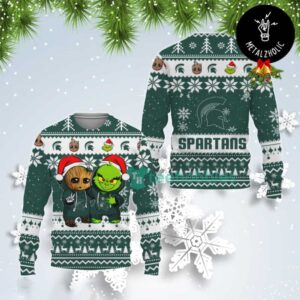 Grinch With Groot Funny Cute Christmas Gift x NCAA Michigan State Spartans Xmas Ugly Sweater