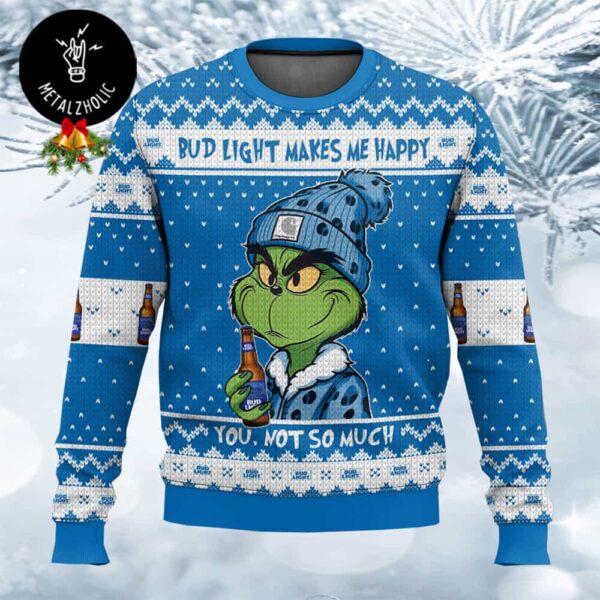 Grinch x Bud Light Makes Me Happy Christmas Gift For Beer Lovers Ugly Sweater