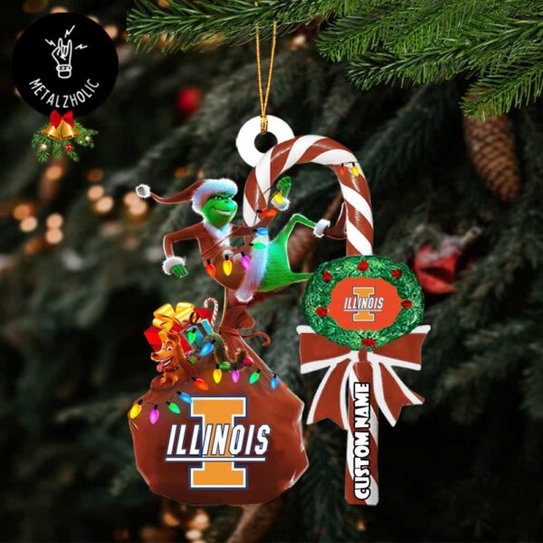 Illinois Fighting Illini NCAA Custom Name Grinch Candy Cane Tree Decorations Christmas 2024 Ornament