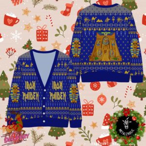 Iron Maiden Powerslave Album Cover Pixel Style With Egypt Symbols Pattern Knitted Blue Ugly Christmas Cardigan Sweater