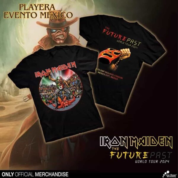 Iron Maiden The Future Past Tour 2024 20 Nov At GNP Seguros Stadium Mexico City Event Eddie Wrestling New Merch Two Sides T-Shirt