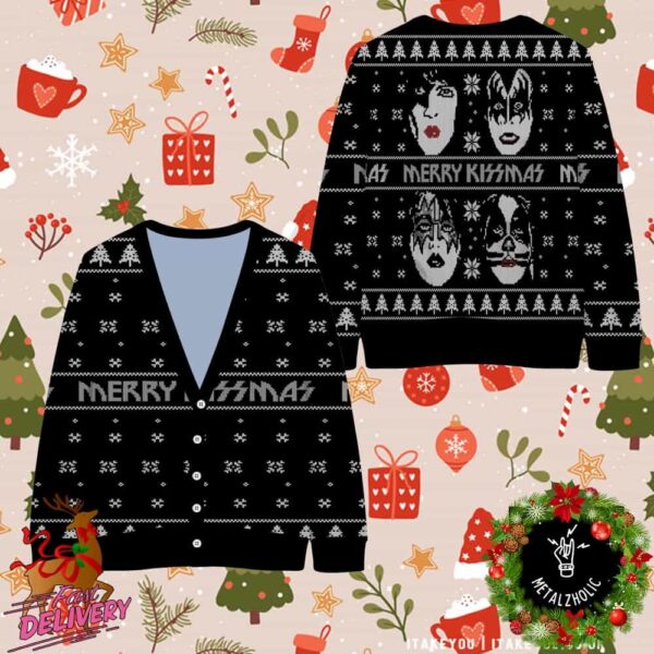 Kiss Band Xmas Tree Funny Member Faces 2024 Ugly Christmas Cardigan Sweater