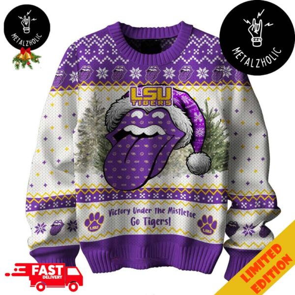 LSU Tigers Victory Under The Mistletoe x The Rolling Stones Logo Christmas Gift 2024 Ugly Sweater