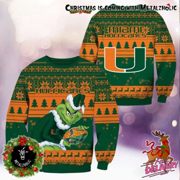 NCAA Miami Hurricanes x Grinch Stole The Christmas Holiday Gift For Fans Ugly Sweater