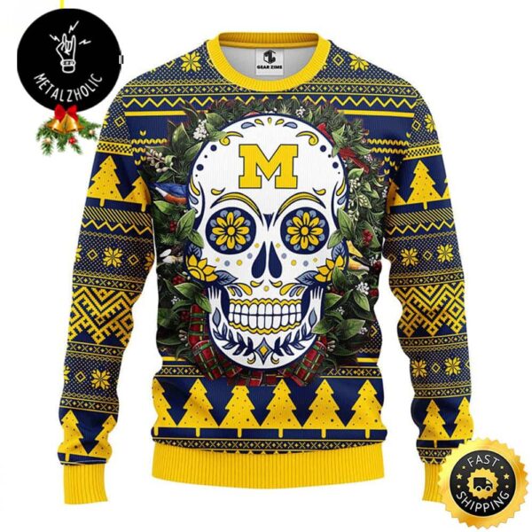 NCAA Michigan Wolverines Skull Flower Christmas Gift For Family Ugly Sweater