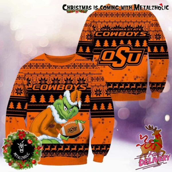 NCAA Oklahoma State Cowboys x Grinch Stole The Christmas Holiday Gift For Fans Ugly Sweater