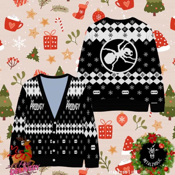 New In The Prodigy Christmas Limited Merchandise For Fans Ant x Snowflake x Razorblade Pattern Ugly Christmas Cardigan Sweater