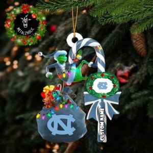 North Carolina Tar Heels NCAA Custom Name Grinch Candy Cane Tree Decorations Christmas 2024 Ornament