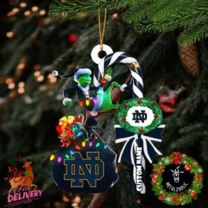 Notre Dame Fighting Irish NCAA Custom Name Grinch Candy Cane Tree Decorations Christmas 2024 Ornament