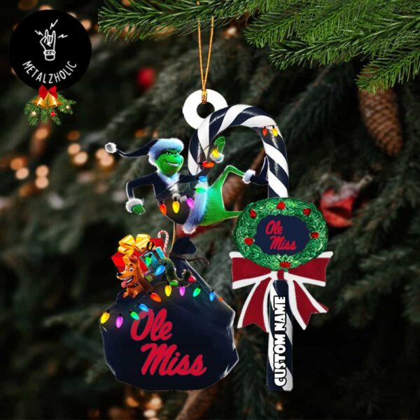 Ole Miss Rebels NCAA Custom Name Grinch Candy Cane Tree Decorations Christmas 2024 Ornament