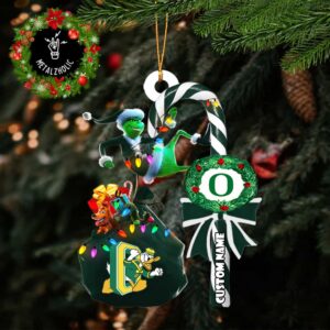 Oregon Ducks NCAA Custom Name Grinch Candy Cane Tree Decorations Christmas 2024 Ornament