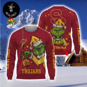 Personalized Name NCAA USC Trojans Football Fans x Grinch Ugly Sweater Chirstmas Gift Ideas