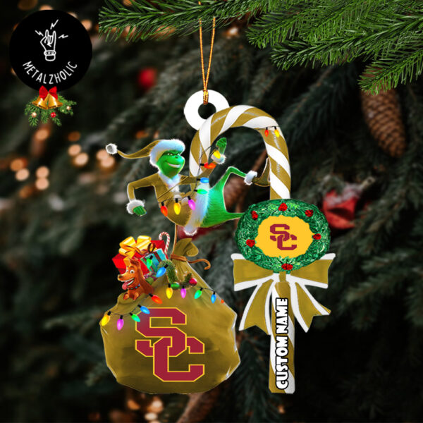 USC Trojans NCAA Custom Name Grinch Candy Cane Tree Decorations Christmas 2024 Ornament