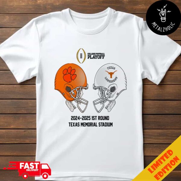 CFB Playoff 2024-2025 1st Round NCAA Bowl Games Clemson Tigers vs Texas Longhorns At Texas Memorial Stadium Skull Helmet Head To Head T-Shirt