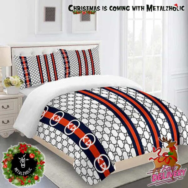 Gucci Bedding Set Chain Link Pattern with Navy and Red Stripes Duvet Cover and Pillow Cases