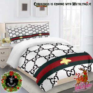 Gucci Bee Logo White Black Red Luxury And Fashion Home Decor Bedding Set