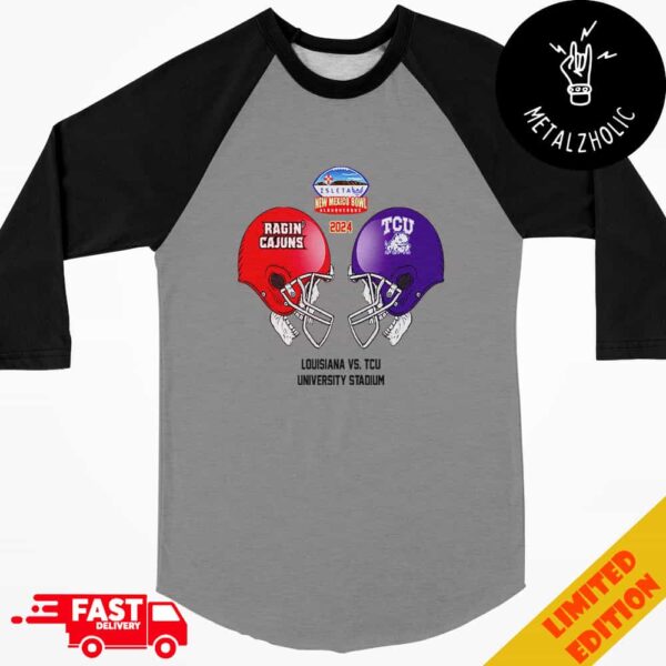 Isleta New Mexico Bowl NCAA 2024-2025 Bowl Games Louisiana Ragin’ Cajuns vs TCU Horned Frogs At University Stadium Skull Helmet Head To Head Raglan Shirt