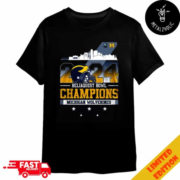 Michigan Wolverines 2024 Reliaquest Bowl Champions Helmet City Skyline NCAA Division Bowl Games Season 2024-2025 Merchandise T-Shirt