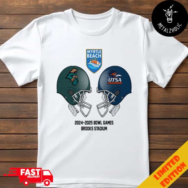 Myrtle Beach Bowl NCAA 2024-2025 Bowl Games Coastal Carolina vs UTSA At Brooks Stadium December 23rd 2024 Skull Helmet Head To Head T-Shirt