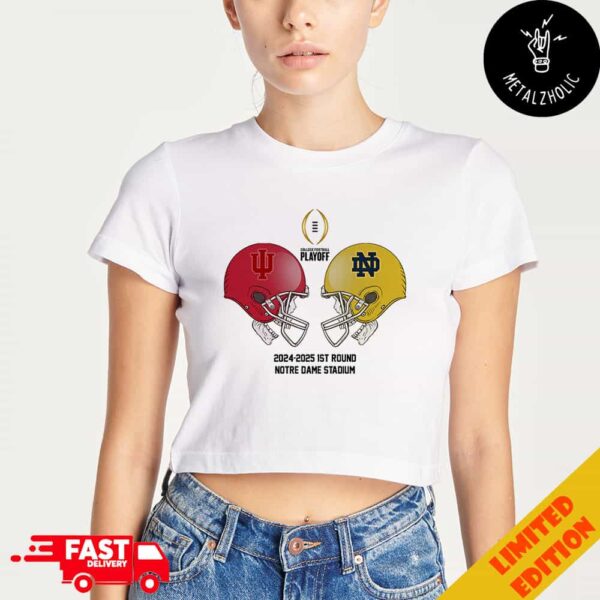 NCAA 2024-2025 Bowl Games CFP Playoff First RD Indiana Hoosiers vs Notre Dame Fighting Irish December 20th 2024 At Notre Dame Stadium Skull Helmet Head To Head Lady’s Cropped T-Shirt