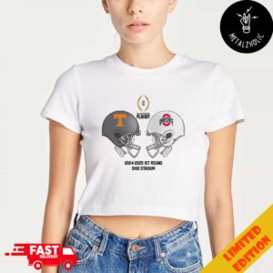 NCAA 2024-2025 Bowl Games CFP Playoff First RD Tennessee Volunteers vs Ohio State Buckeyes At Ohio Stadium Skull Helmet Head To Head Lady’s Cropped T-Shirt