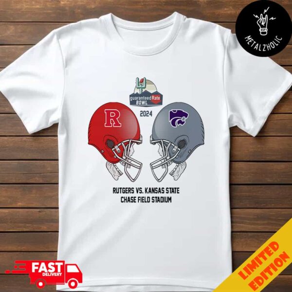 Rate Bowl NCAA 2024-2025 Bowl Games Rutgers Scarlet Knights vs Kansas State Wildcats At Chase Field Stadium Skull Helmet Head To Head T-Shirt