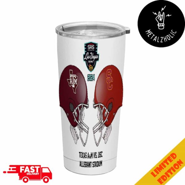 SRS Distribution Las Vegas Bowl NCAA 2024-2025 Bowl Games Texas AM vs USC Trojans At Allegiant Stadium Skull Helmet Head To Head Tumbler-Mug-Cup With Straw