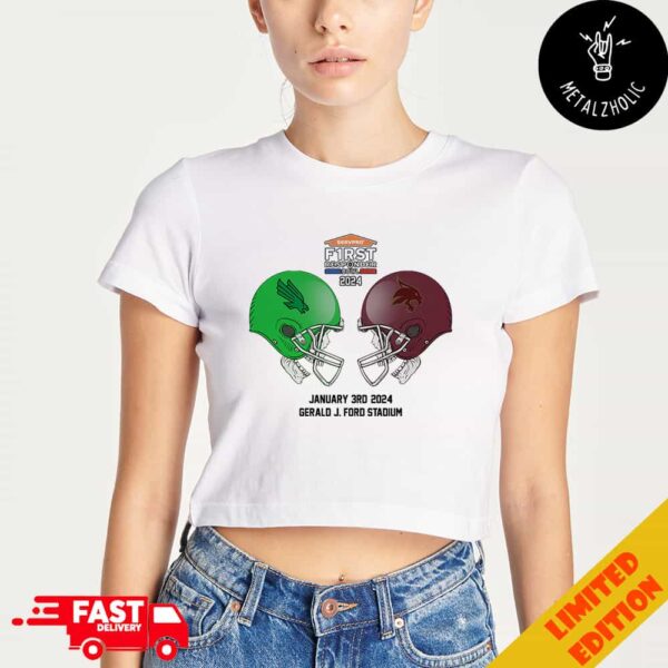 Servpro First Responder Bowl NCAA 2024-2025 Bowl Games North Texas Mean Green vs Texas State Bobcats At Gerald J Ford Stadium Skull Helmet Head To Head Lady’s Cropped T-Shirt