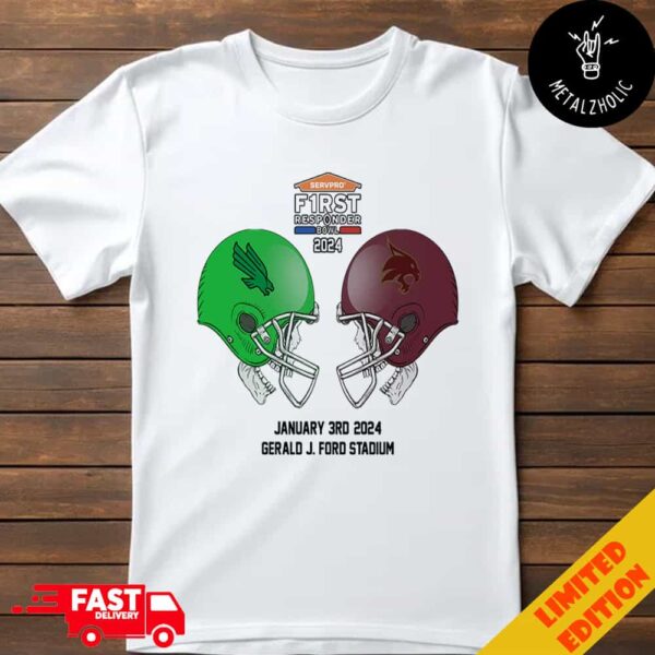 Servpro First Responder Bowl NCAA 2024-2025 Bowl Games North Texas Mean Green vs Texas State Bobcats At Gerald J Ford Stadium Skull Helmet Head To Head T-Shirt