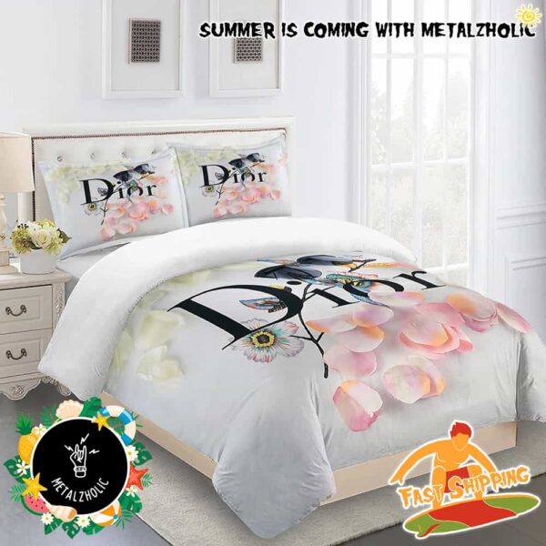 Dior White Background Flower With Logo Home Decor Bedding Set