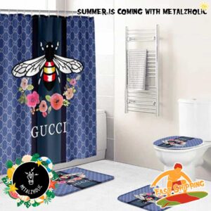 Gucci Logo Blue Pattern With Bee Logo Fashion And Luxury Bathroom Set