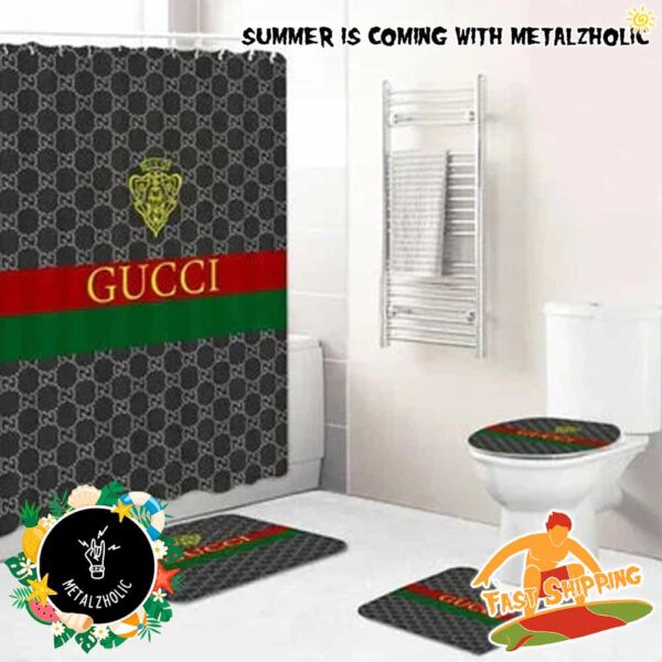 Gucci Logo Grey Pattern Home Decorations Bathroom Set With Shower Curtain And Bath Mats