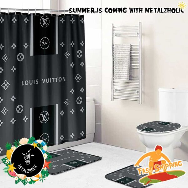 Louis Vuitton Blue Dark With Logo Home Decor Bathroom Set With Shower Curtain